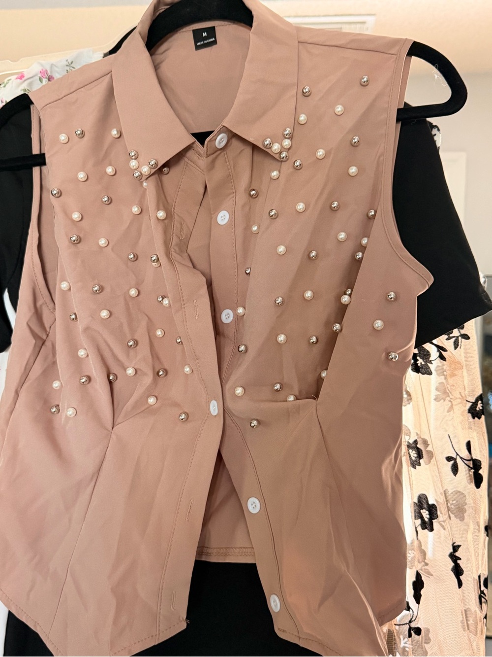 Sleeveless Pearl-Embellished Pink Blouse
